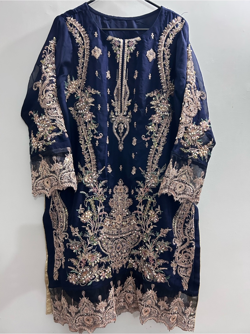 3pc Embroidered Navy Blue Formal suit with Gold & Pastel Accents